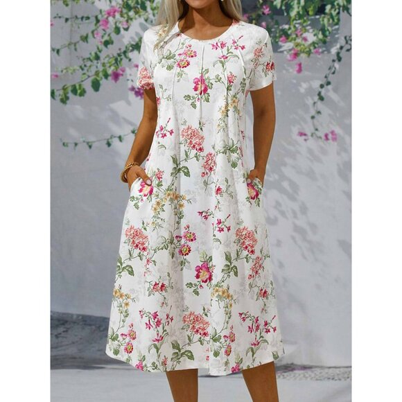 Casual Round Neck Short Sleeve Floral Midi Dress - Picture 1 of 1